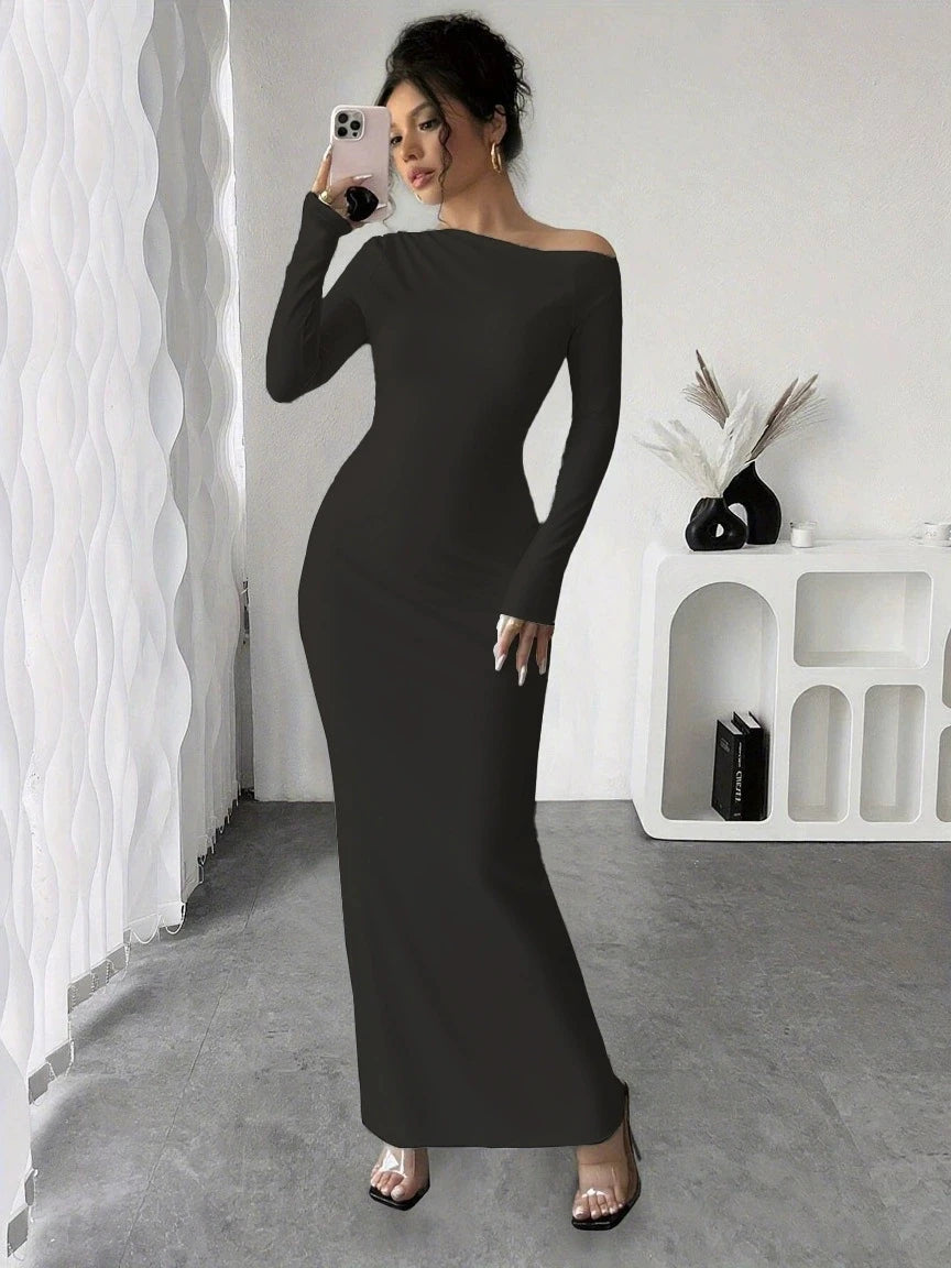 Herbst neuer Stil, individuelle einfarbige, trendige, elegante, langärmelige, figurbetonte Kleid mit hoher Taille, sexy