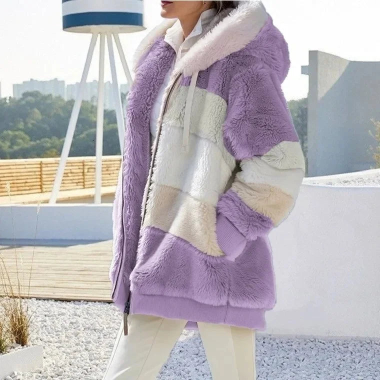 Warme Fleece-Übergroße Kapuzenjacke für Damen, Herbst und Winter, verdickte Reißverschlusstasche, Patchwork-Kleidung, bequemes Sweatshirt