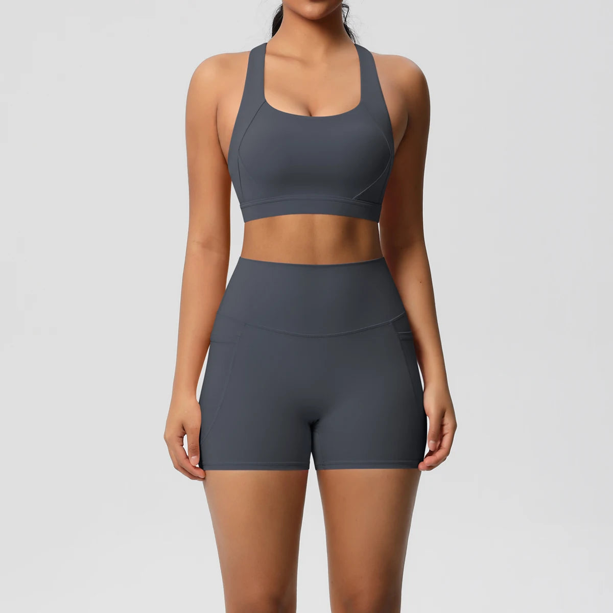 2PCS Sportswear Mit Taschen Yoga Set Gymnastik Kleidung Yoga Anzüge Für Frauen Trainingsanzüge Sport Shorts Crossover Bh Gym Leggings