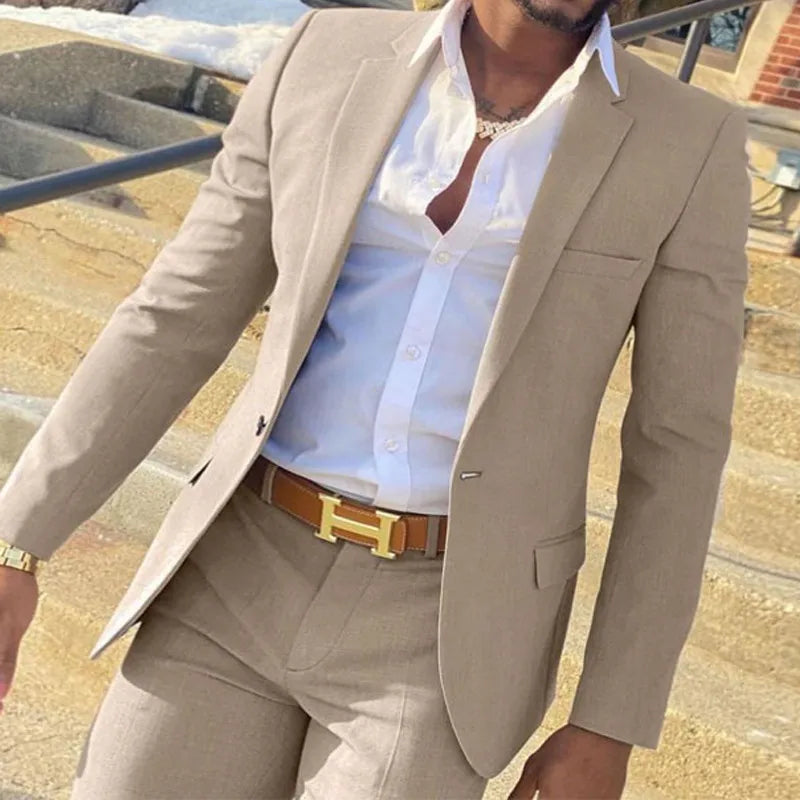 2-teiliger beigefarbener Anzug für Männer, Slim Fit, Hochzeit, Bräutigam, Smoking, Trauzeugenanzüge, männliche Mode, Raucherkostüm, Homme, Blazer mit Hosen