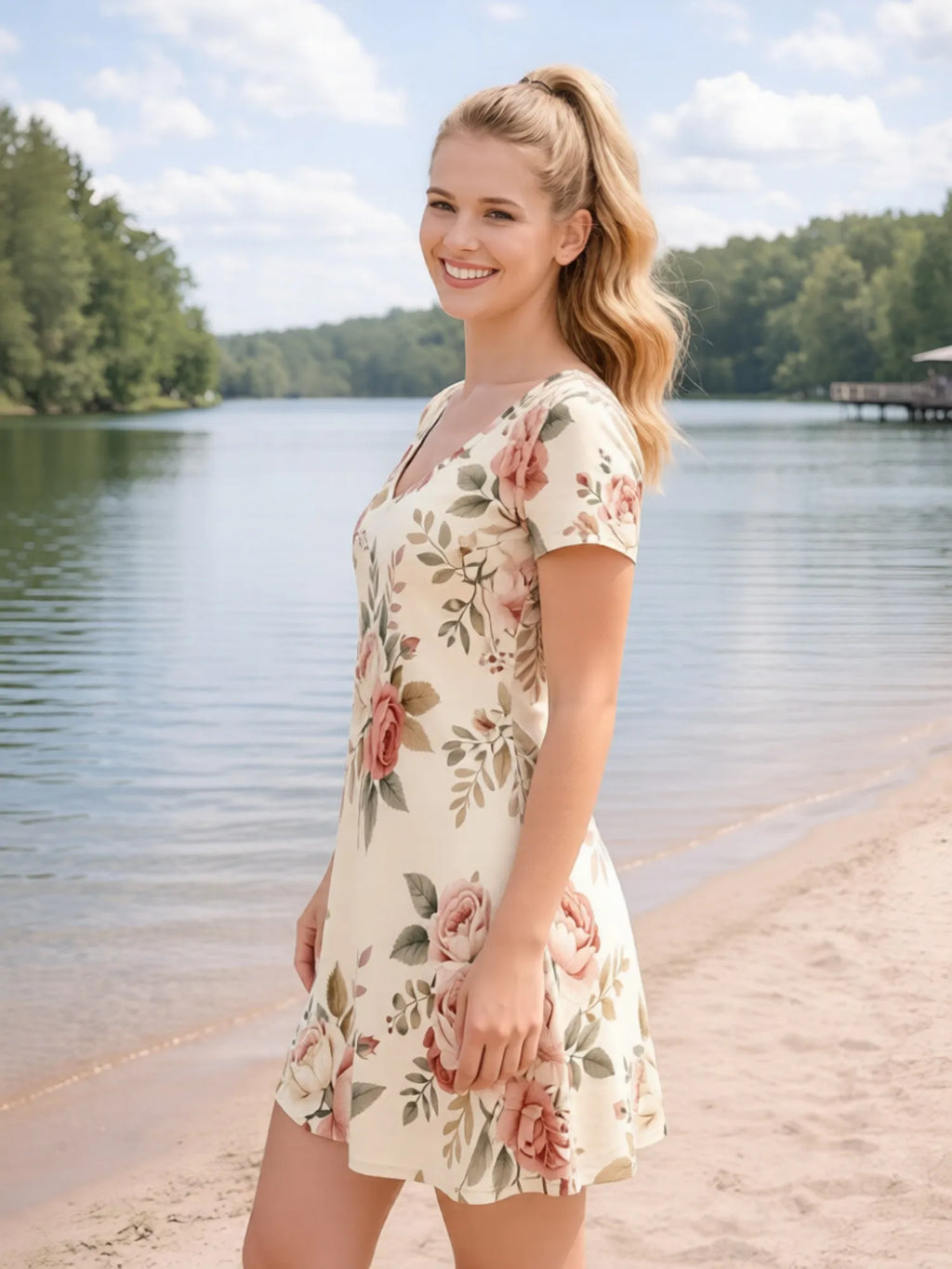 Damen-Kleid mit V-Ausschnitt, kurzen Ärmeln und Blumenmuster, A-Linie, lässig, für Terrasse, Brunch, Sommer, Sommerkleid, Outfit, schön, für den Alltag, feminin, anmutig, einfach