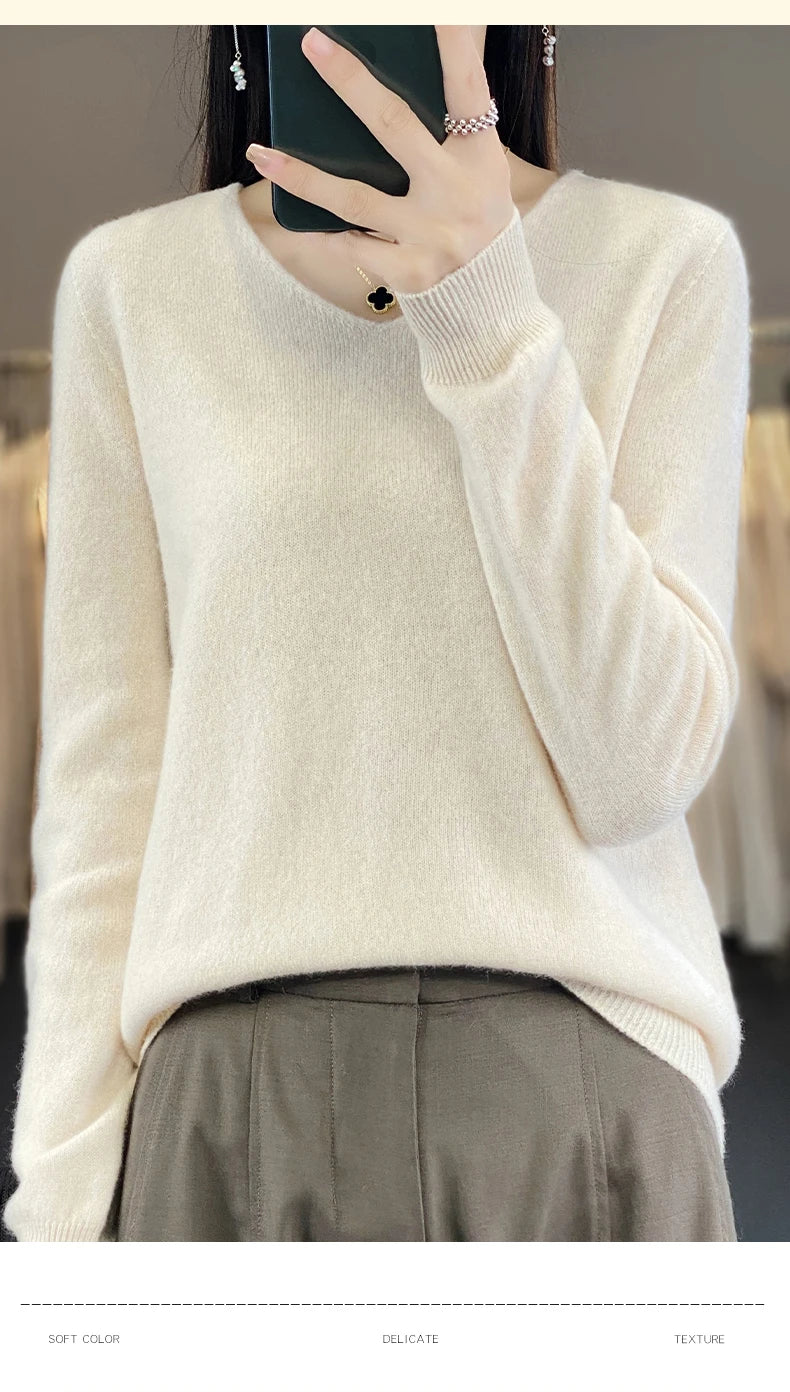 Frauen 100% Merinowolle Pullover V-Ausschnitt Basic Pullover Herbst Winter Kaschmir Kleidung Langarm weiche Strickwaren Tops einfarbig