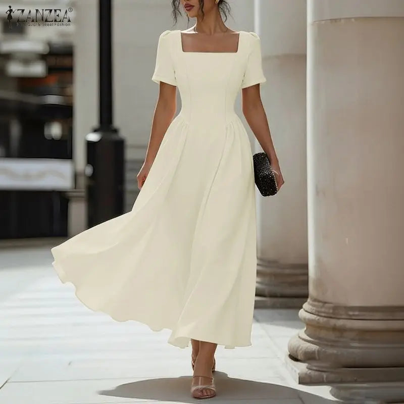 ZANZEA Damen-Maxikleid im französischen Stil, elegant, für den Sommer, quadratischer Ausschnitt, kurze Ärmel, geraffte Taille, A-Linien-Kleider, Urlaub, Tag-und-Nacht-Kleid