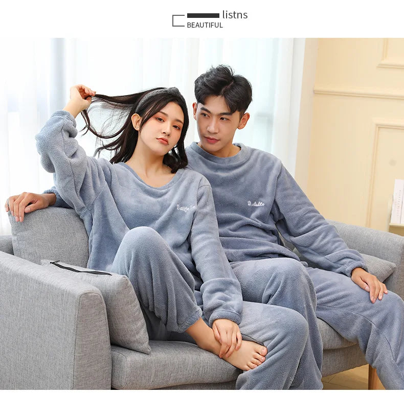 Verdickte Warme Männer Korallen Samt Pyjamas Herbst Winter Homewear Lange Ärmeln Lange Hosen Solide Weiche Nachtwäsche 2 Teile/satz Paar