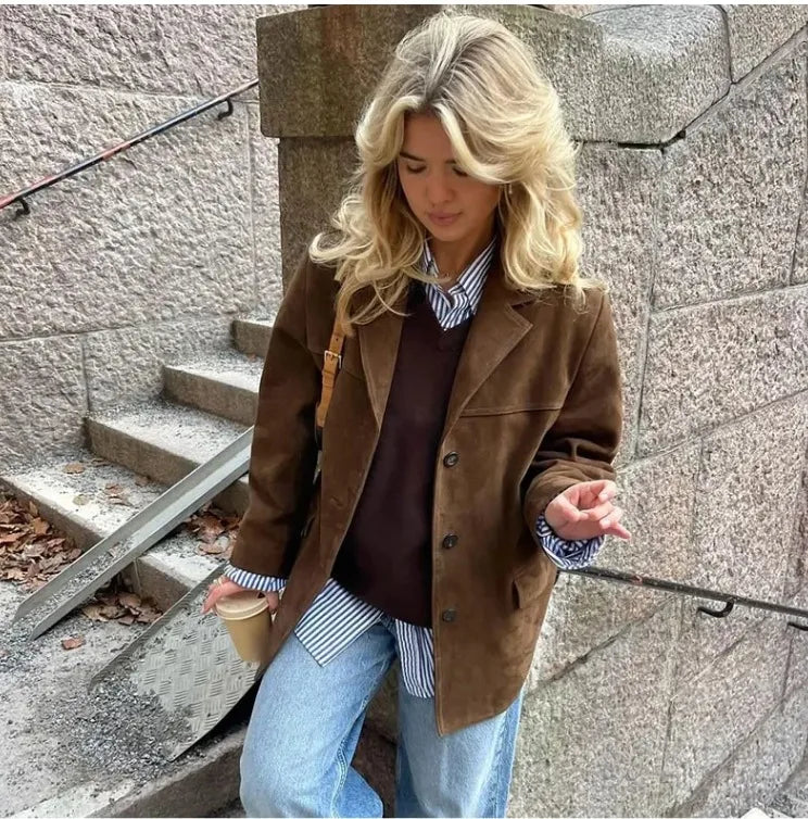 2024 herbst Winter Frauen Jacke Mit Revers Frau Casual Einreiher Tasche Langarm Kurzen Mantel Straße Mantel