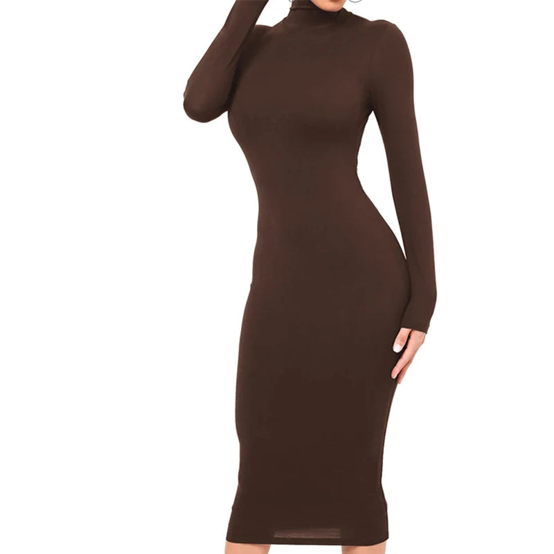 Winter Schwarz Rollkragen Sexy Frauen Kleid Herbst Langarm Dünne Midi Boydcon Casual Blau Plüsch Knie-Länge Party