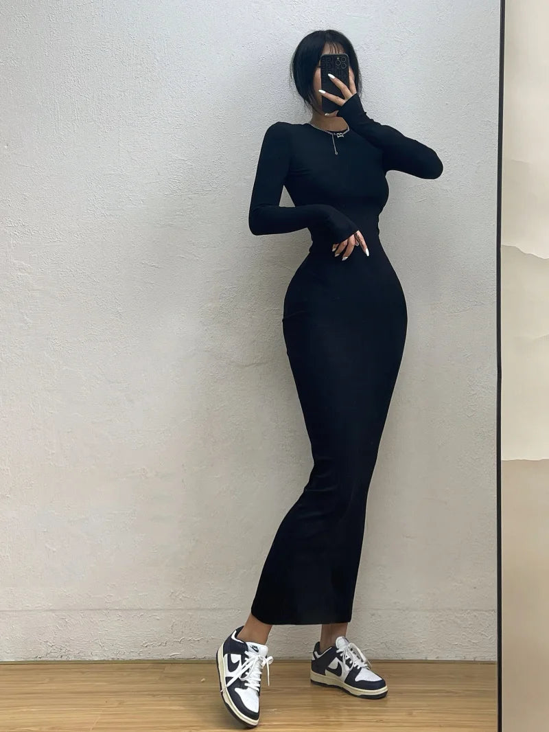 WOMENGAGA Einfache Maxi Langes Kleid Rundhals Langarm Enge Dünne Maxi Kleider Elegante Mode Koreanische Frauen Robe DEH8