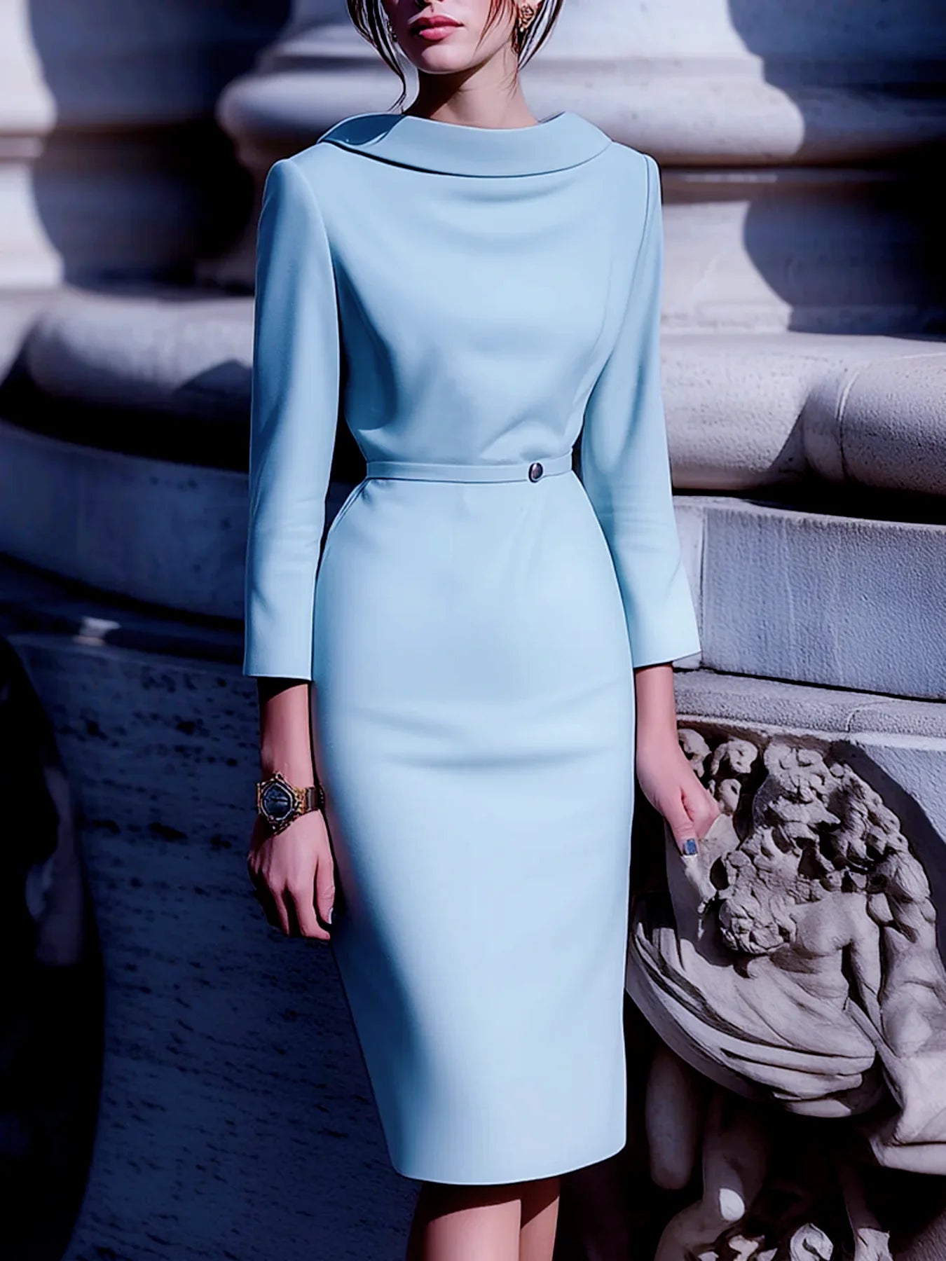 Elegantes, einfarbiges Pendelparty-Kleid mit Umlegekragen, U-Boot-Ausschnitt hinten, V-Ausschnitt, Gürtel und mittellangen Ärmeln