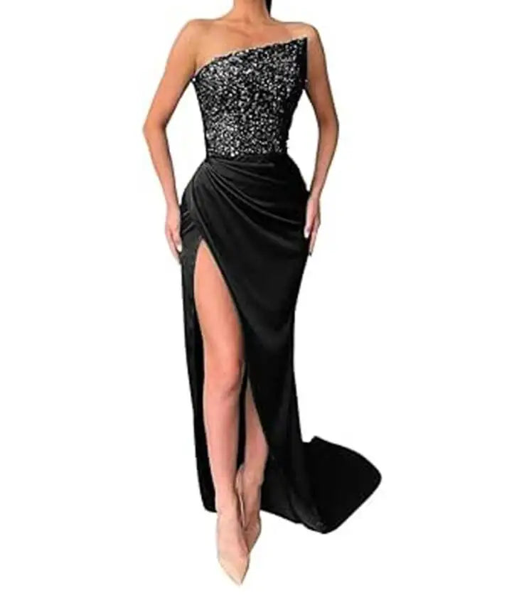 Frühjahr/Sommer Neue Pailletten Ärmellose Mode Eingewickelt Brust Einfarbig Split Slim Fit Kleid Für Frauen, 7 Farben