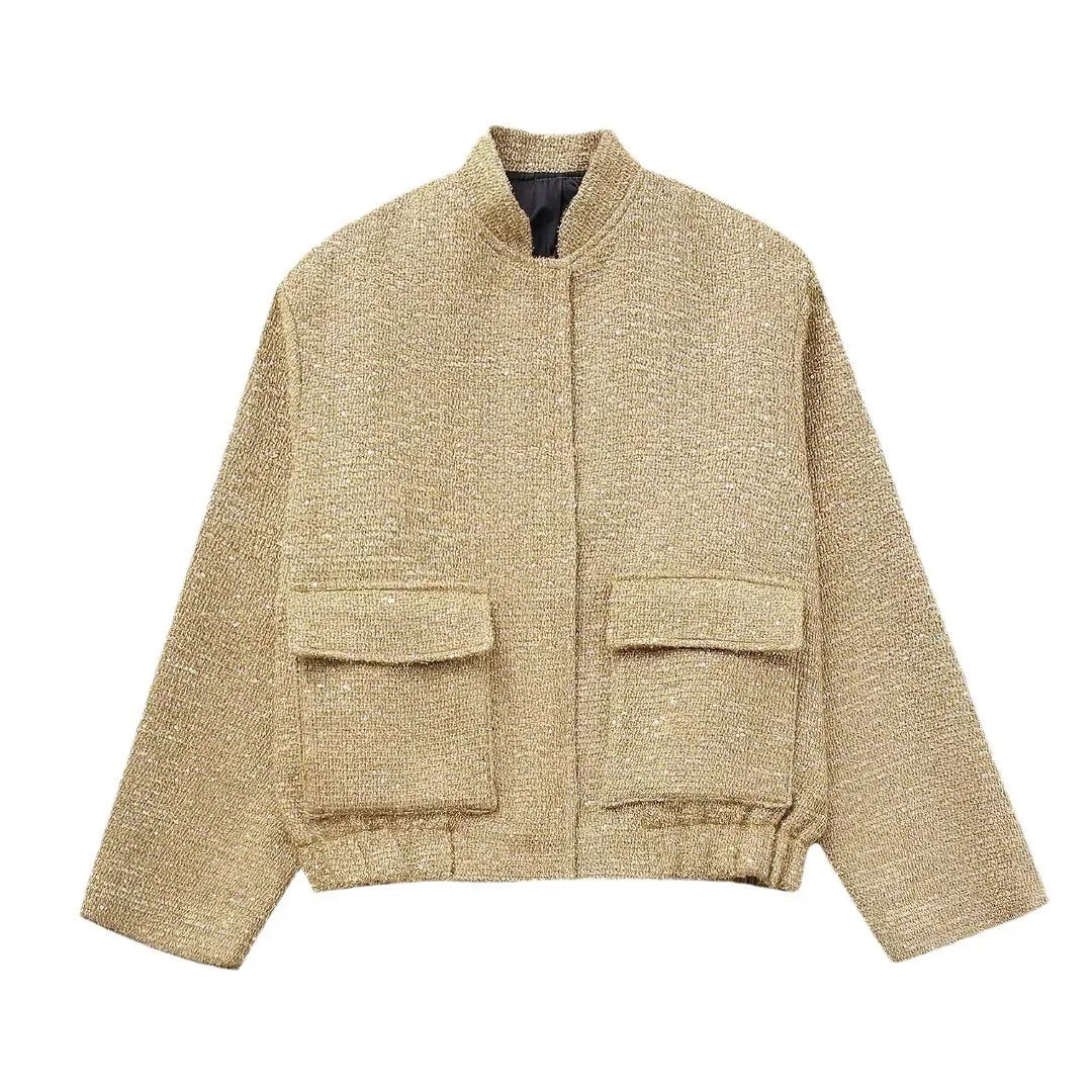 Damen Pailletten Bomber jacke fallen neue Rundhals ausschnitt Langarm Tasche Stretch Saum Pailletten Jacke Mantel weibliche schicke Oberbekleidung