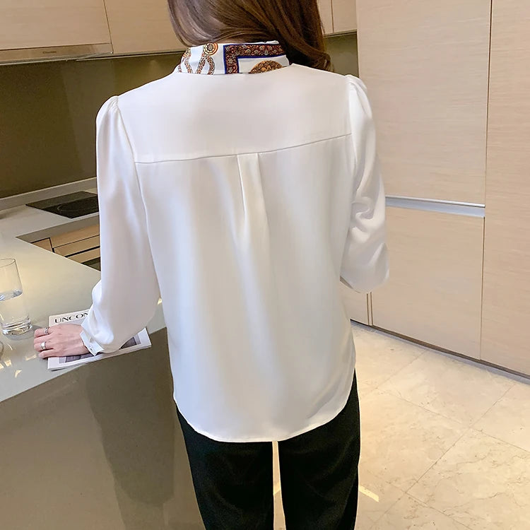 H Han Königin Frühling Chiffon Einfache Büro Dame Bluse Weibliches Hemd Bogen Tops Langarm Casual Koreanische OL Lose Blusen Frauen