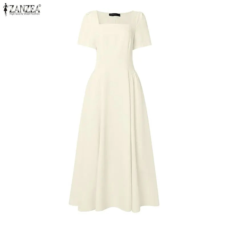 ZANZEA Damen-Maxikleid im französischen Stil, elegant, für den Sommer, quadratischer Ausschnitt, kurze Ärmel, geraffte Taille, A-Linien-Kleider, Urlaub, Tag-und-Nacht-Kleid