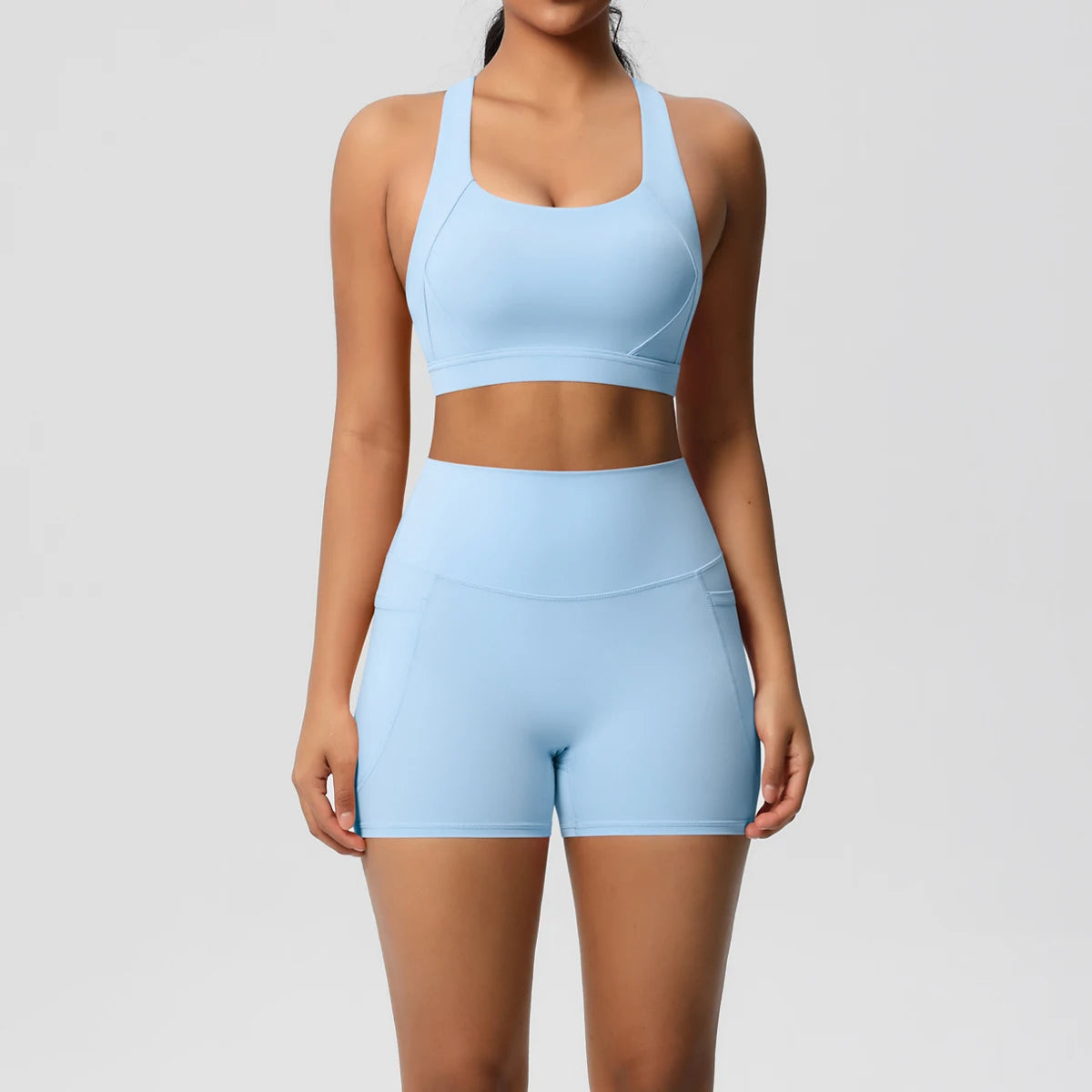 2PCS Sportswear Mit Taschen Yoga Set Gymnastik Kleidung Yoga Anzüge Für Frauen Trainingsanzüge Sport Shorts Crossover Bh Gym Leggings