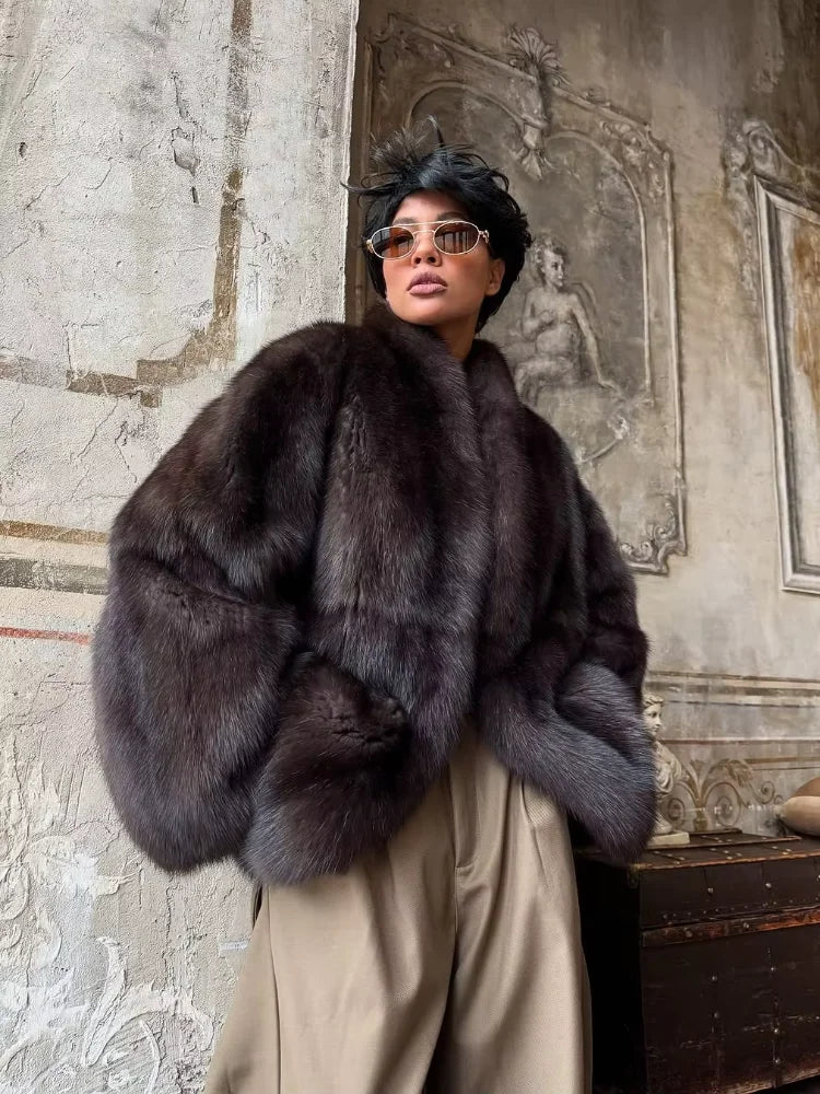 Brauner mittellanger Pelzmantel für Damen, Revers, versteckter Knopf, lockere, elegante Oberbekleidung, 2025, modischer Bürodame, Pendelmantel, Neu