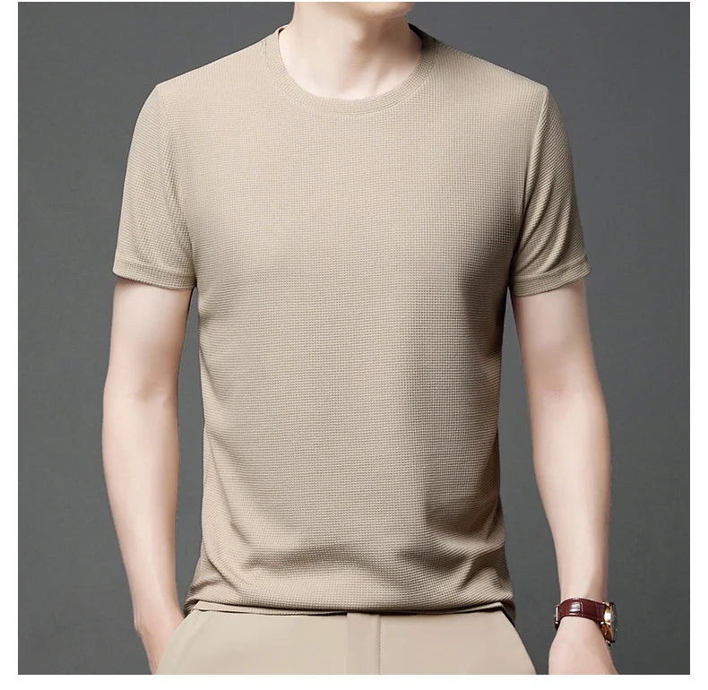 Kurzarm-PoloshirtKurzarm Waffle Solid Polot Fashion Splicing Herren-Rundhals-Top aus Baumwolle mit kurzen Ärmeln für den täglichen Gebrauch