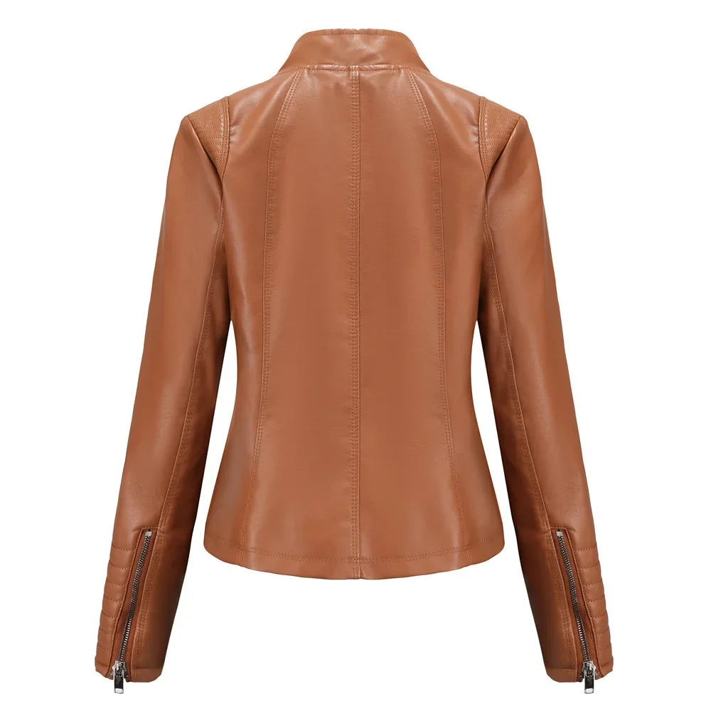 Neue 20-Damen-Lederjacke, dünn, Motorrad-Stil, kurze modische Damenjacke, Stehkragen, volle Ärmel, aus dem Festland China