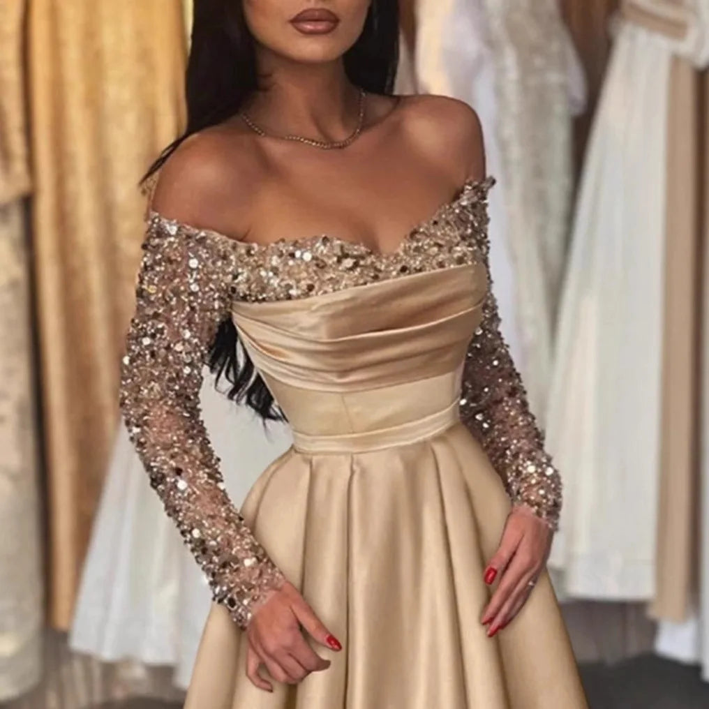 Langärmliges, glitzerndes Pailletten-Abendkleid 2026, formelles Party-Dinner, Bankett, Host-Kleider, elegantes, schulterfreies, bodenlanges Kleid