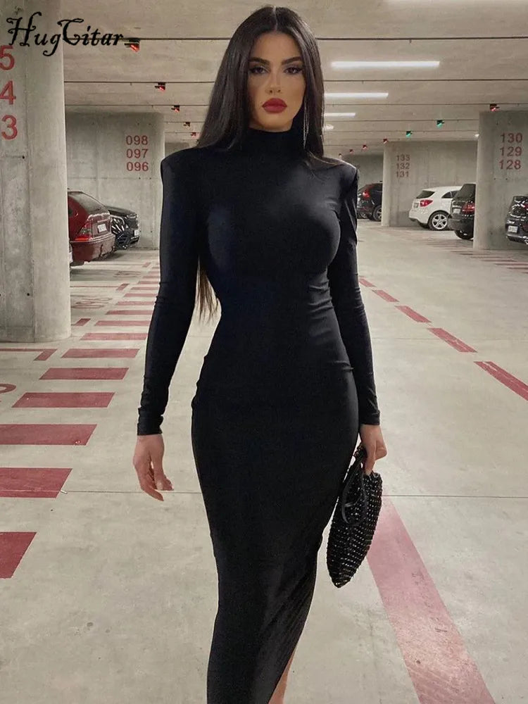 Hugcitar Frauen Mode Rollkragen Lange Ärmel Schwarz Sexy Bodycon Maxi Prom Kleid Herbst Casual Kleidung Streetwear Party Festival
