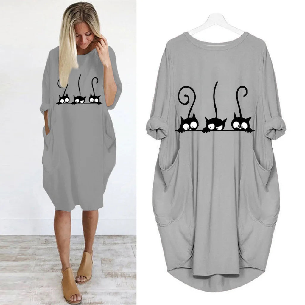 Frauen Lose Lange Ärmeln Sommer Plus Größe Kleid Herbst Winter Casual Rundhals Einfarbig Langarm Tasche Lose Pullove
