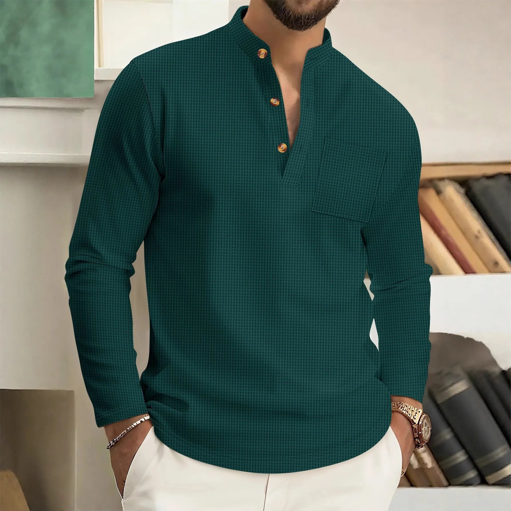 Lässiges Herren-Langarmhemd mit Waffelkaro, Stehkragen, Knopf-Halbstrickjacke, atmungsaktives und bequemes Hemd für den täglichen Gebrauch