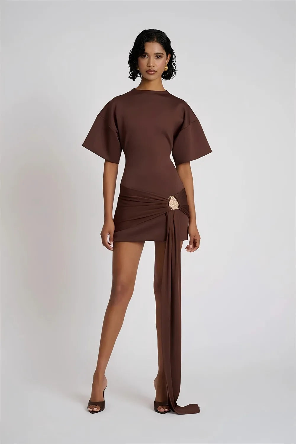 Apprabant Women Buckle Ruched Ribbon Mini Dress O-Neck Metal Short Sleeve Solid Color Silm Bodycon Short Dress Casual Partywear