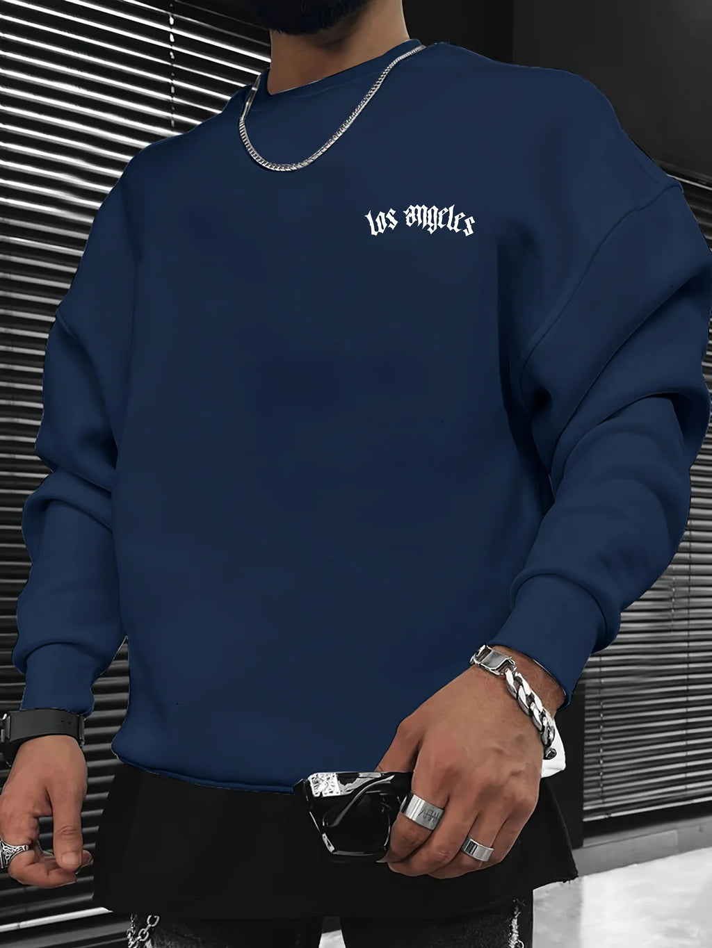 Men's autumn and winter fashionable casual loose Los Angeles letter print fleece pullover long sleeved round neck sweatshirt