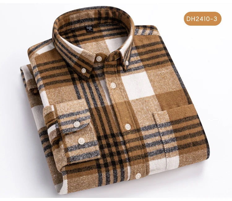 Langärmliges Flanell-Karohemd für Herren – weiche reine Baumwolle, Button-Down-Hemden, dick, Herbst und Winter – Wochenend-Casual, Ausgehen