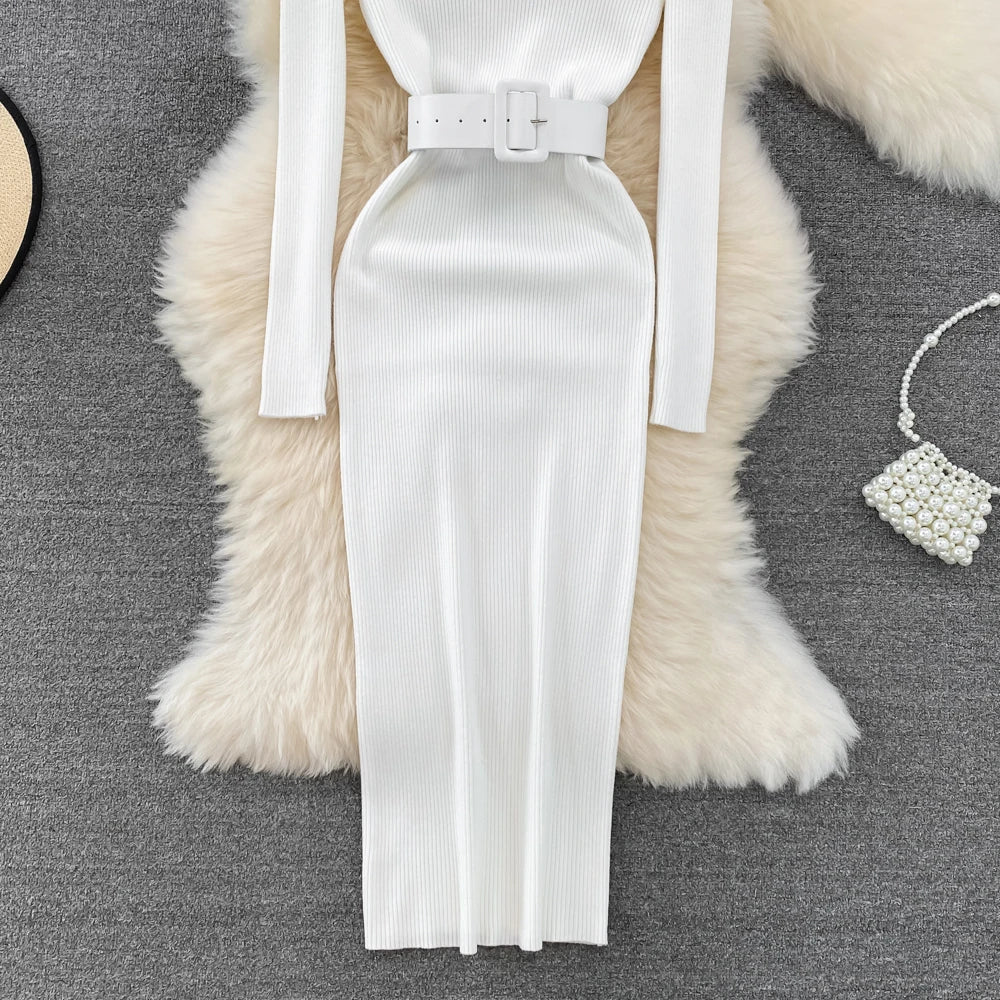 REALEFT Herbst Winter 2025, neue Rollkragen frauen Gestrickte Kleider mit Gürtel Langarm Elegante Bodycon Wrap Kleid Weibliche