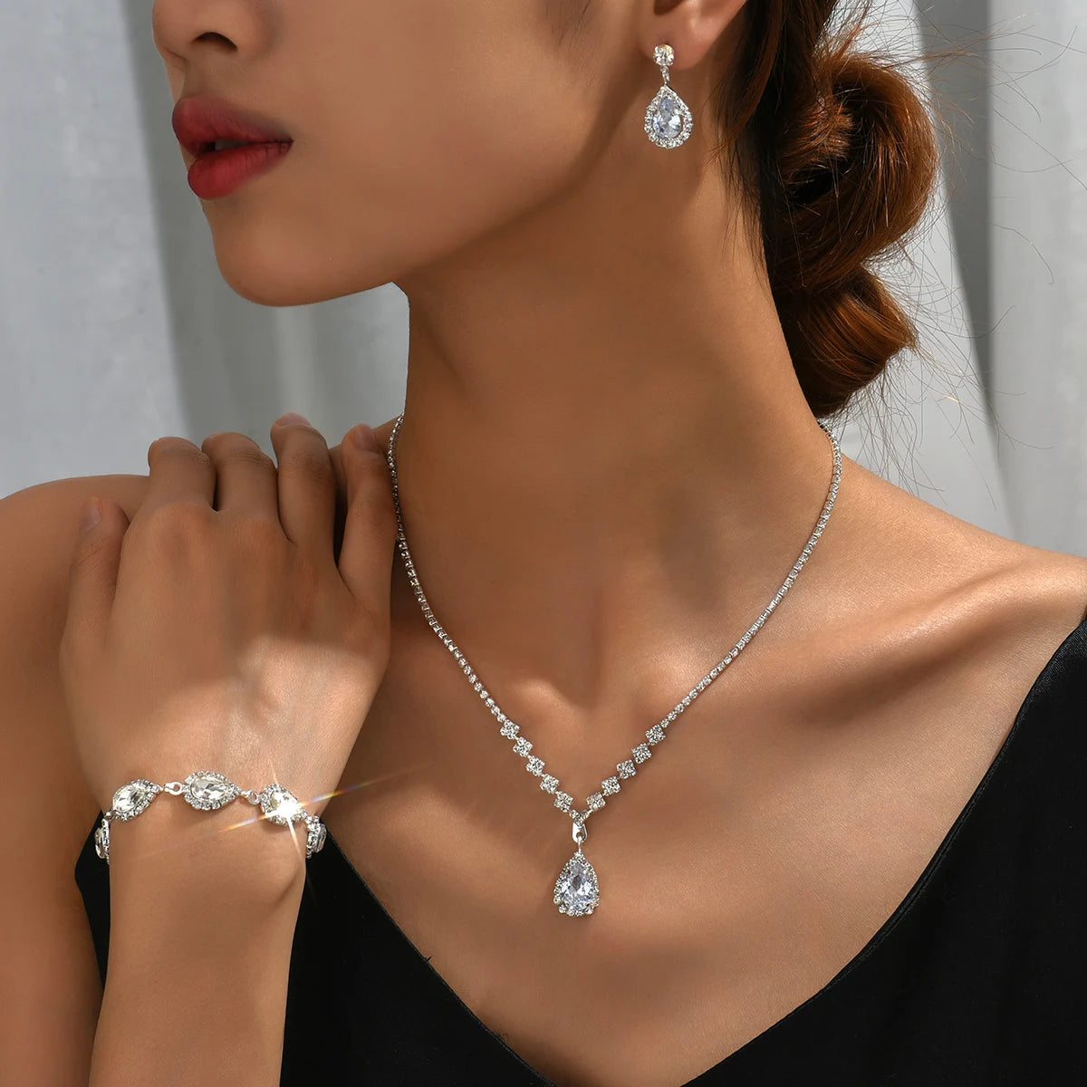 4PC Fashion Simple Copper Inlaid Rhinestone Claw Chain Necklace Earrings Bracelet Jewelry Set Women's Wedding Decoration-5273
