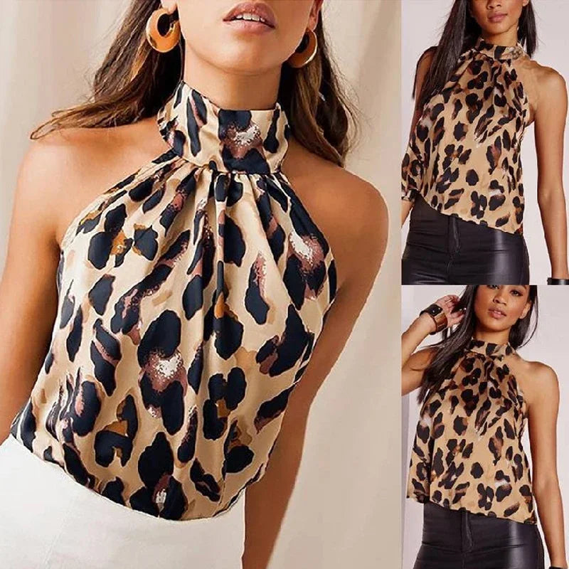 Sommer t-shirt Frauen Tops 2025, Sexy Leopard Print Tops Harajuku Mädchen T-Shirts Casual Halter T Shirt Weibliche Ärmellose Bluse