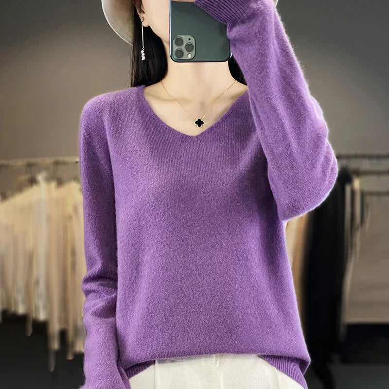 Frauen 100% Merinowolle Pullover V-Ausschnitt Basic Pullover Herbst Winter Kaschmir Kleidung Langarm weiche Strickwaren Tops einfarbig