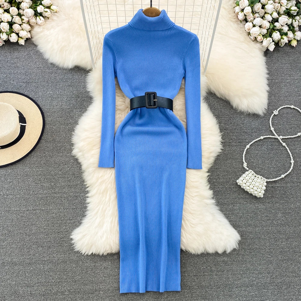 REALEFT Herbst Winter 2025, neue Rollkragen frauen Gestrickte Kleider mit Gürtel Langarm Elegante Bodycon Wrap Kleid Weibliche