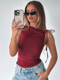 Dulzura Ärmelloses Skew Kragen Geraffte Spitze Up Bodycon Crop Top Sexy Elegante Casual Tank Party Club Streetwear Frühling Sommer
