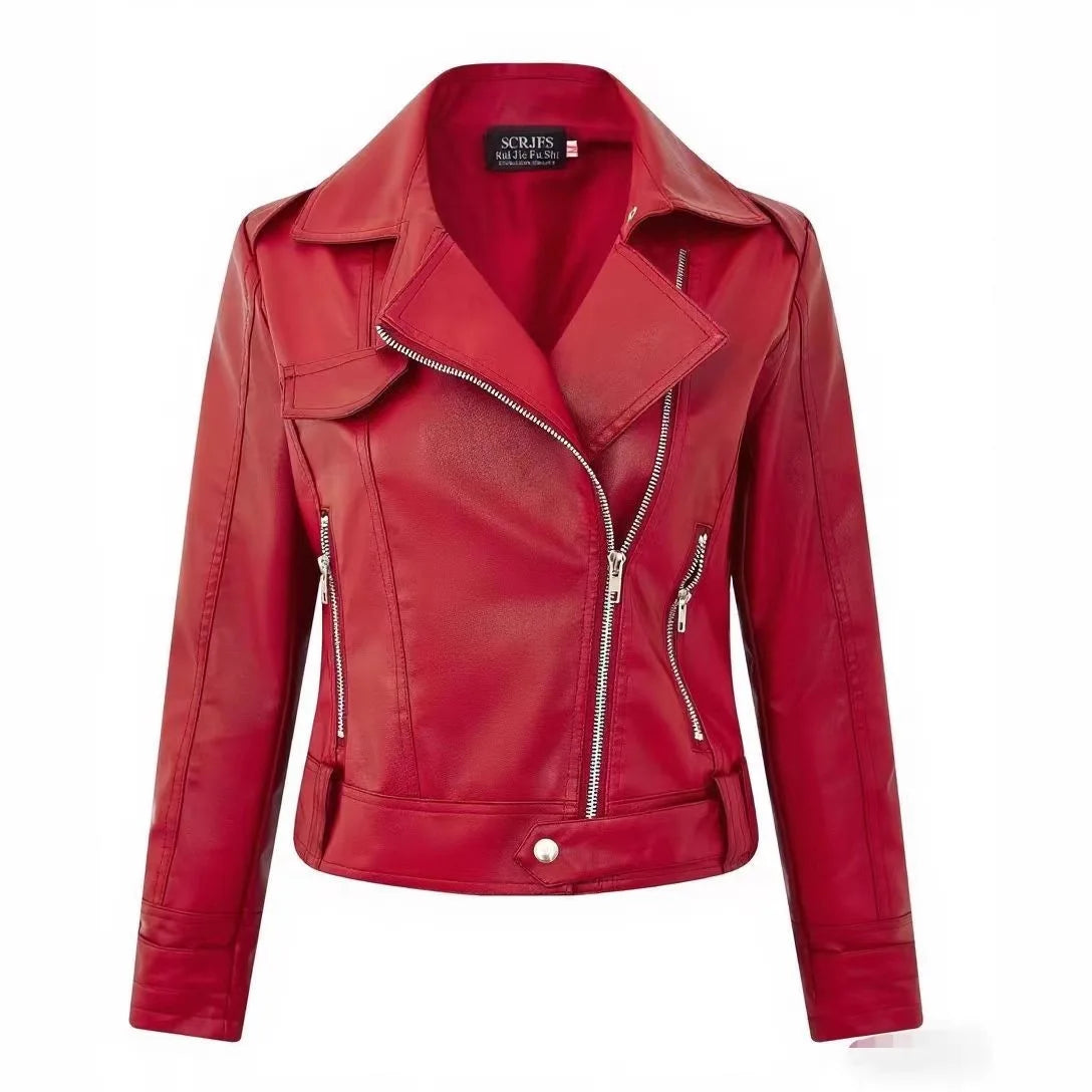 Modische rote PU-Lederjacke für Damen, kurzer Mantel, Stehkragen, Frühling und Herbst, dünner Stil, künstlerische Retro-Passform, lange Ärmel