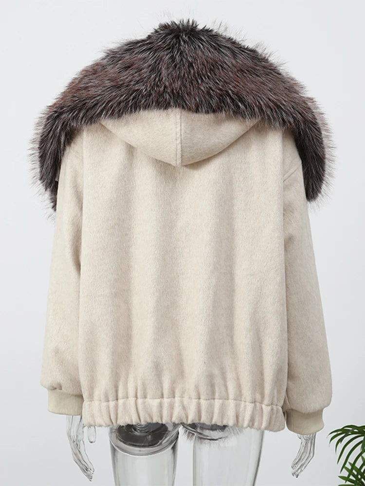 Gefärbter Pelzkragen, kurze Wolljacke für Damen, modisch, Revers, volle Ärmel, einreihig, Patchwork, lose Jacken, 2025, Winter-Outwear