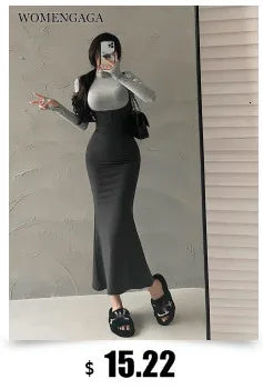 WOMENGAGA Einfache Maxi Langes Kleid Rundhals Langarm Enge Dünne Maxi Kleider Elegante Mode Koreanische Frauen Robe DEH8