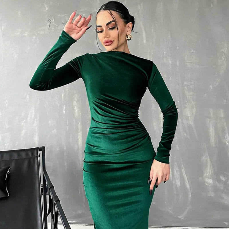 2024 frühling Sommer Samt Langarm Midi Kleid Für Frauen Geraffte Lange Kleid Elegante Party Kleidung Abend Grün Outfits