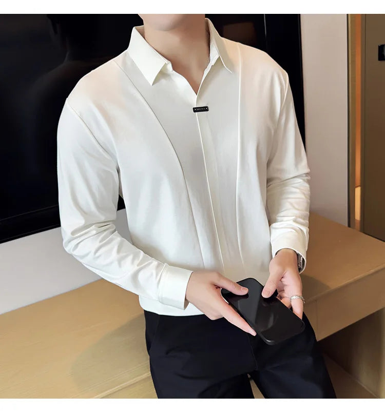 Herren-Poloshirt mit langen Ärmeln, 2026, Frühling, britischer Stil, einfarbig, elastisch, schmale Passform, T-Shirt, formelle Kleidung, Poloshirt, Herrenbekleidung