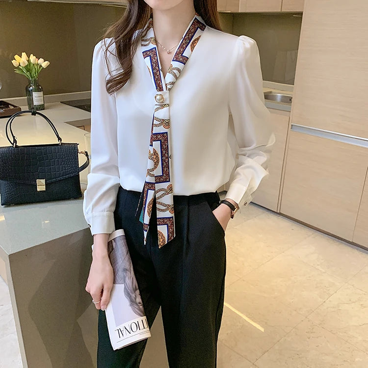H Han Königin Frühling Chiffon Einfache Büro Dame Bluse Weibliches Hemd Bogen Tops Langarm Casual Koreanische OL Lose Blusen Frauen