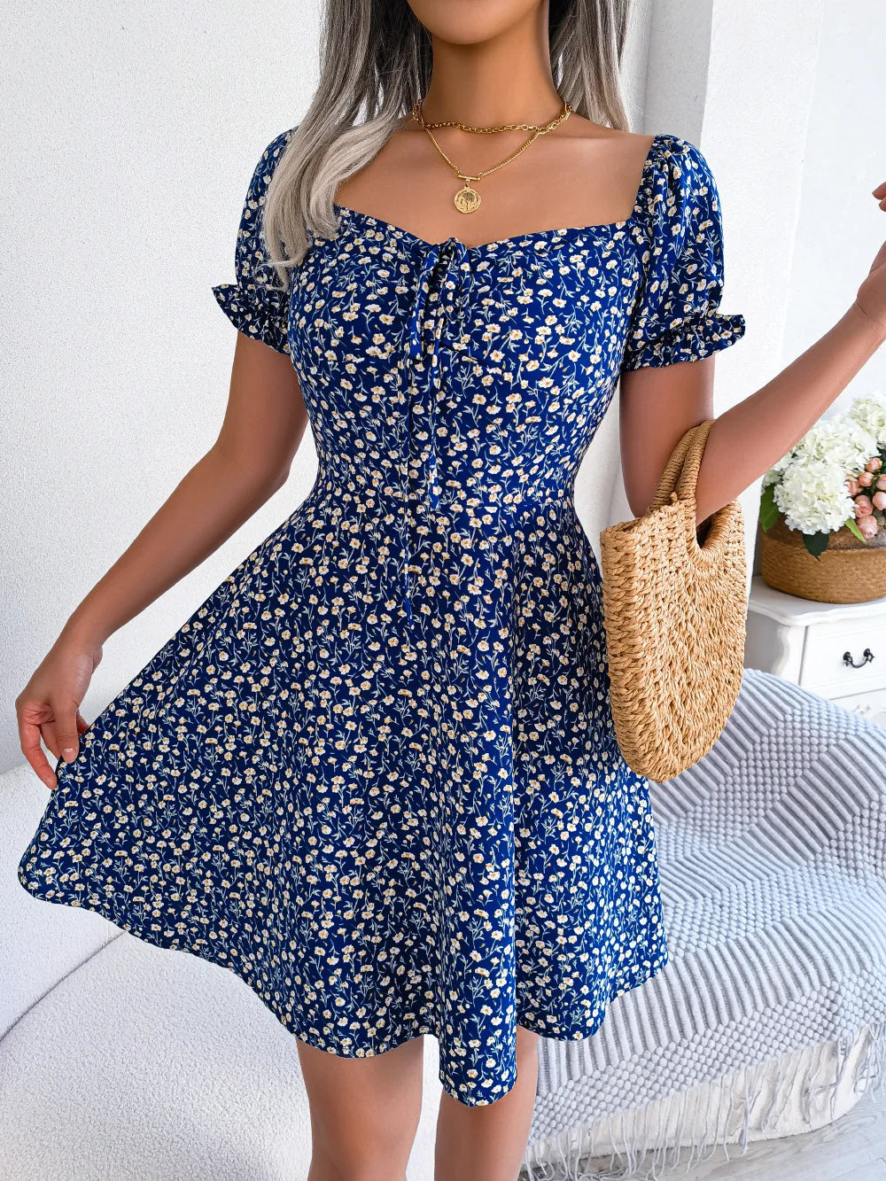 Sommer Blumendruck Kurzes Kleid Bufftrly Ärmel Retro Damenkleider Mode Lässig Square Neck Tunika Strandkleid Elegant Chic