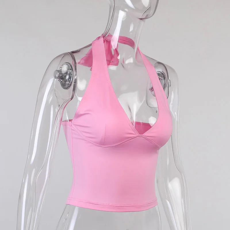 Sommer Halfter Leibchen Tank Top Frauen V-ausschnitt Sexy Tanks Camis Dünne Backless Rosa Korsett T Shirt Femme Tops WomanT-hemd