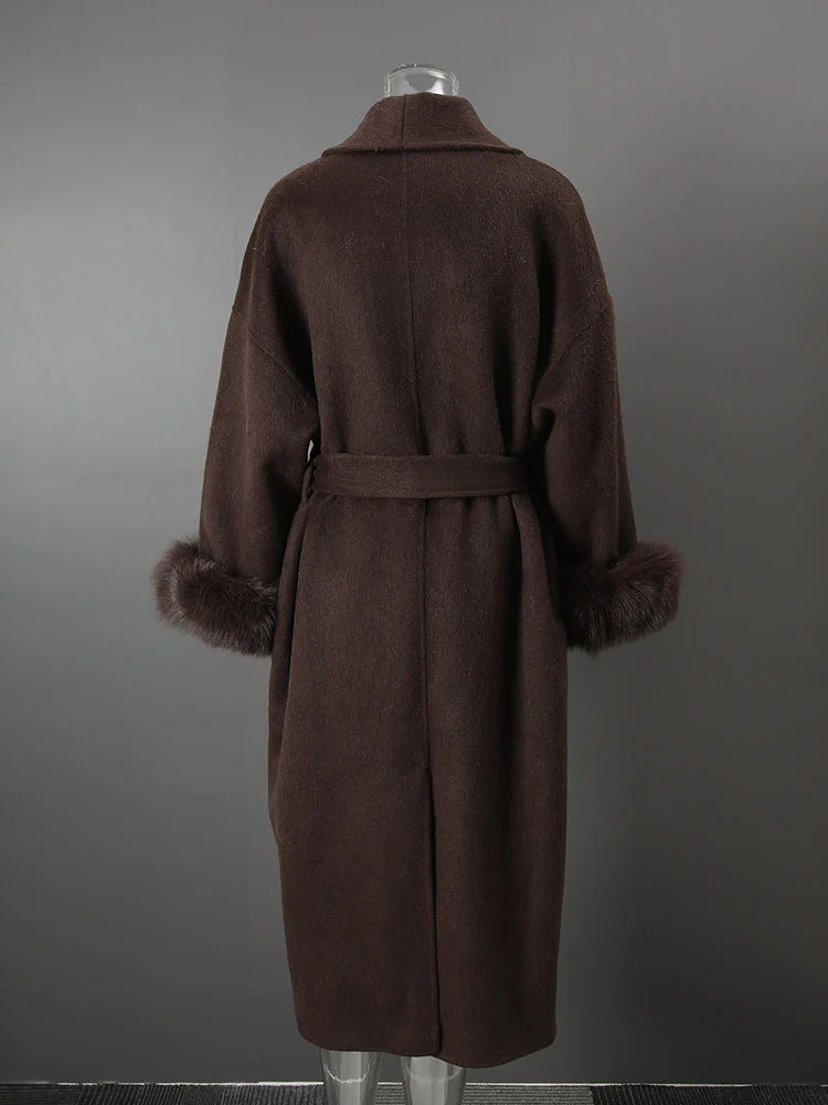 UCXQ Elegant OL Office Lady Overcoats Fur Patchwork Long Sleeve Woolen Coat Beautiful Women's Clothing Jacket Autumn 2025 Winter