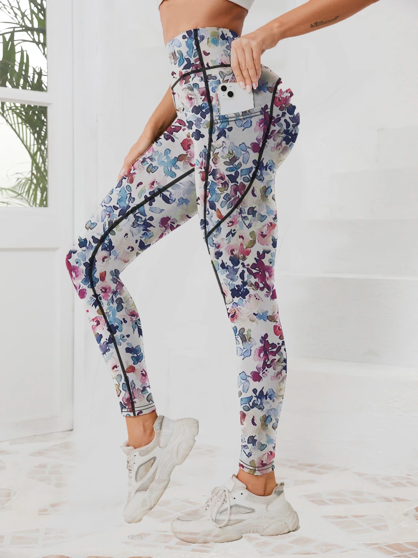 Bedruckte Damen-Fitnesshose mit hohem Bund und Tasche, gepaart mit engen Bauch-Yogahosen, geeignet zum Laufen, Wandern und Sp