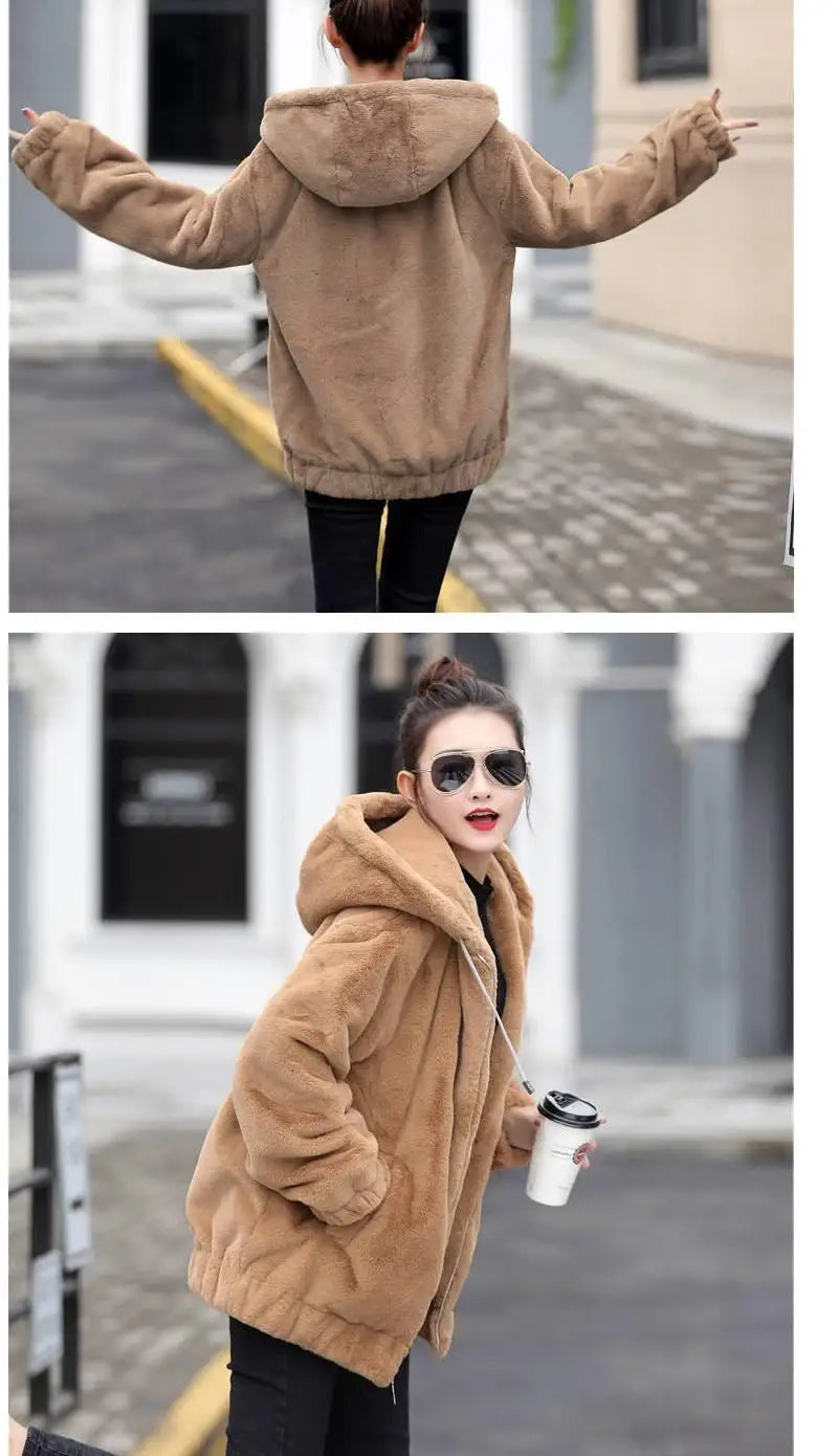 Plüsch-Kapuzenjacke für Damen, mittellang, Winter, neuer lockerer Plüsch, warmer, langer Ärmel, Plüsch, kurze Jacke, modischer Freizeitmantel