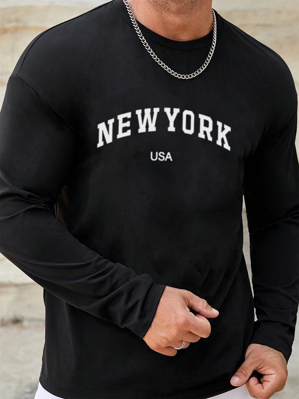 Men's 100% pure cotton comfortable sports casual loose plus size New York USA printed round neck long sleeved T-shirt top