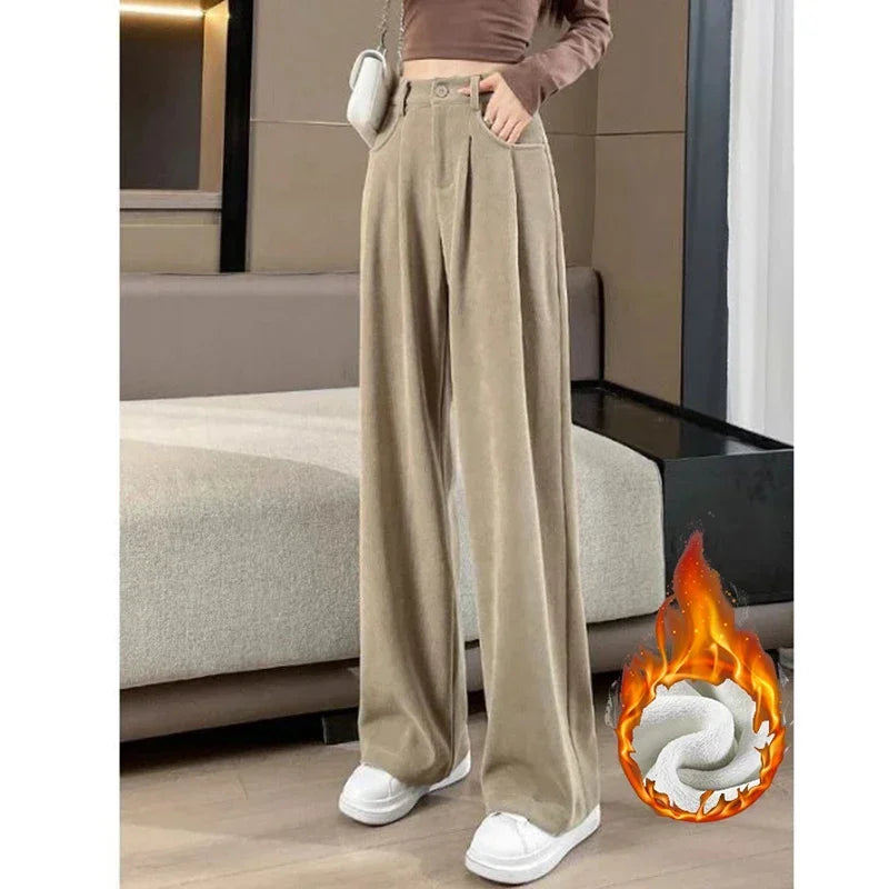 Heißer Verkauf Winter Dame Schnee Warme Hosen Mädchen Klassische Fleece Hohe Taille Hose Frauen Gerade Bein Plüsch Thermische Casual Hosen