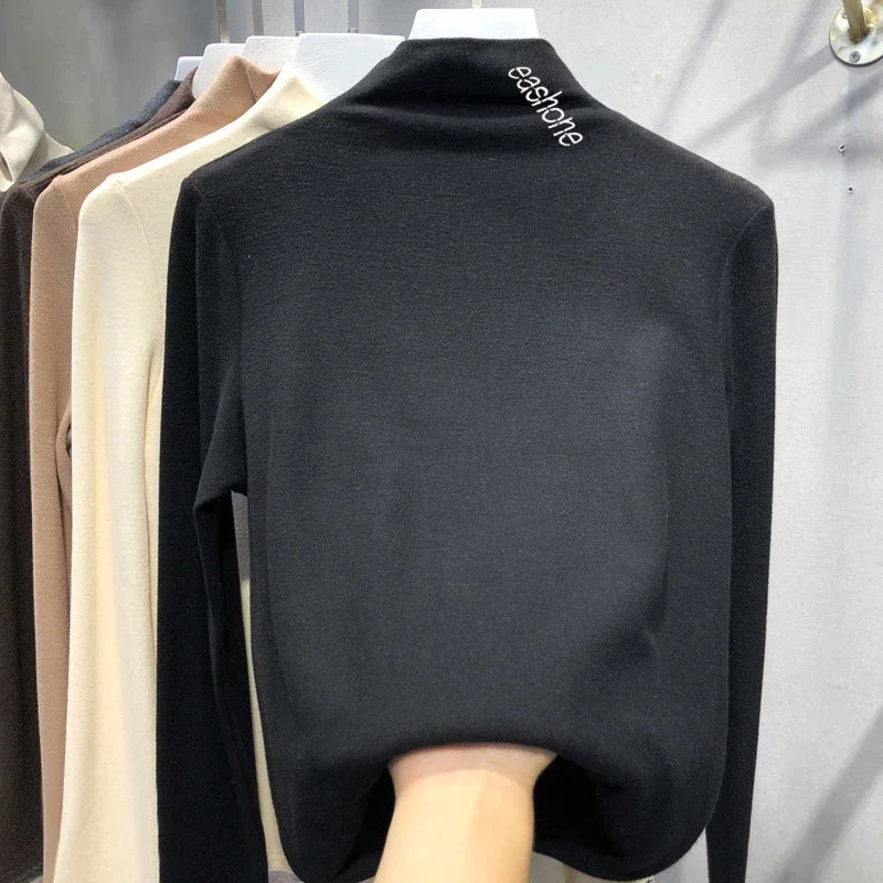 Harajuku half turtleneck Casual slim fleece Thick bottoming T-shirt autumn winter velvet Long Sleeve solid T Shirt Women y2k Top