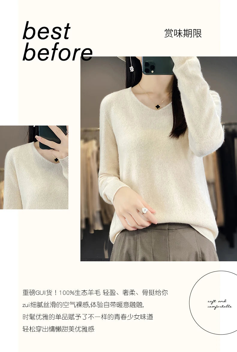 Frauen 100% Merinowolle Pullover V-Ausschnitt Basic Pullover Herbst Winter Kaschmir Kleidung Langarm weiche Strickwaren Tops einfarbig