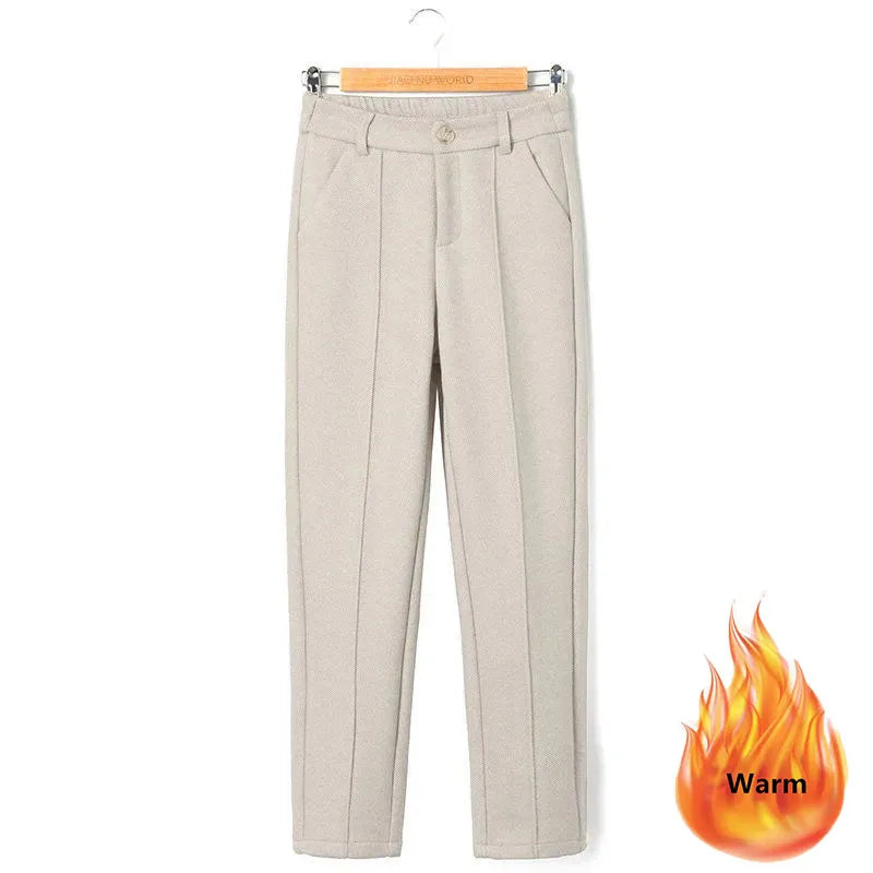 High Waist Wool Blend Pants Women Winter Thicken Plush Lined Harem Pantalones Office Casual Warm Ankle-length Woolen Spodnie