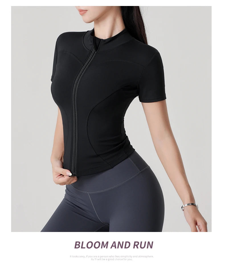 Woman yoga Jacket High Elastic Yoga Short Sleeve Coat Stand Collar Tight Sports Coat Naked Fitness Short Sleeve Female